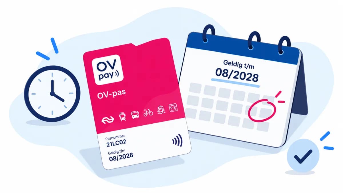 Illustratie van een roze OV-pas naast een kalender met geldig tot en met 08/2028