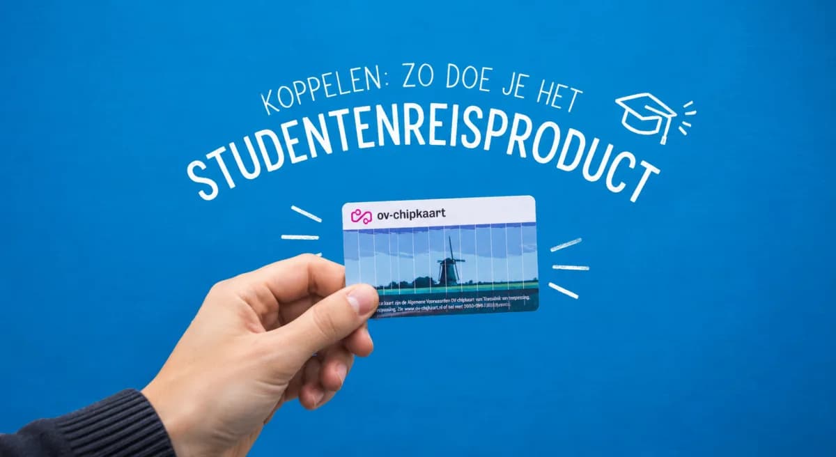 Hand houdt een OV-chipkaart omhoog voor een blauwe achtergrond met de tekst Studentenreisproduct koppelen: zo doe je het