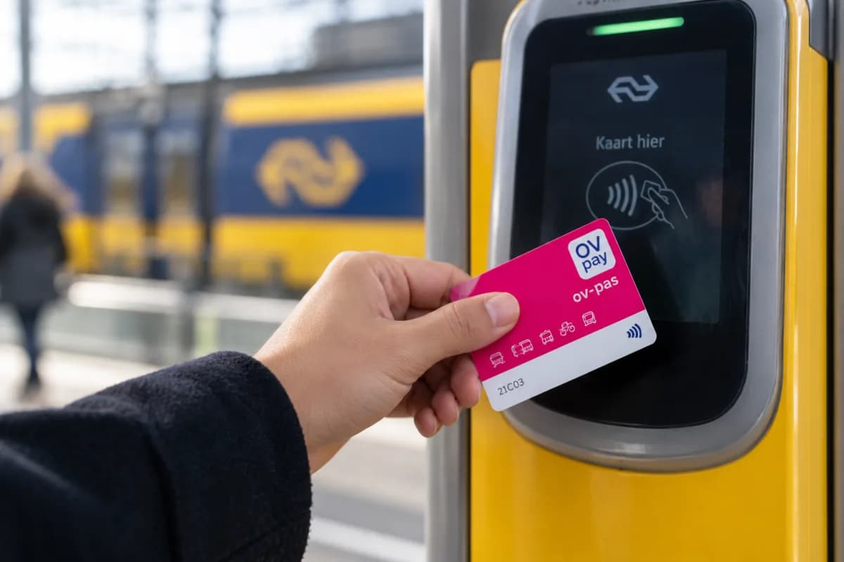 Hand houdt een roze OV-pas tegen een incheckpaal op een treinstation