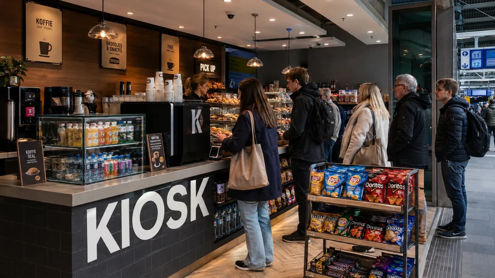 Reizigers bij de koffiebalie van een stationskiosk met broodjes en snacks