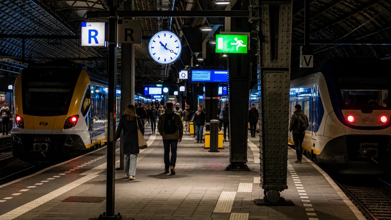 Vrijwel verlaten stationsperron laat op de avond, met reizigers onder de perronverlichting