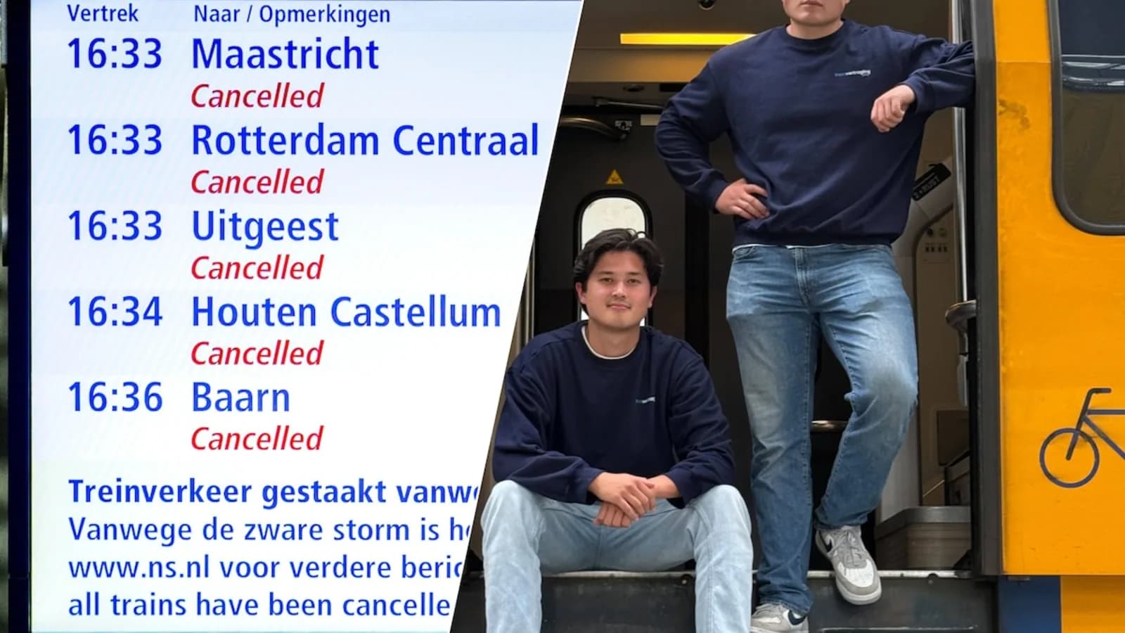 Vertrekbord op Utrecht Centraal met geannuleerde treinen, naast de oprichters van Trein-vertraging.nl in een treindeur